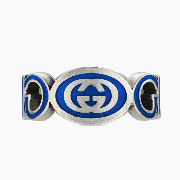 Gucci Interlocking Sterling Silver Blue Enamel 9mm Ring Size 7 - Picture 1 of 10